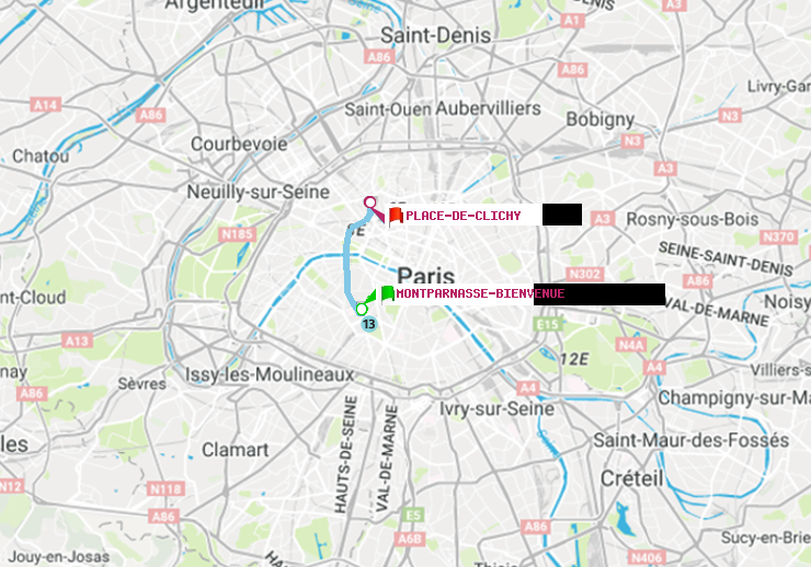 plan itinéraire ratp de Montparnasse-Bienvenue à Place de Clichy
