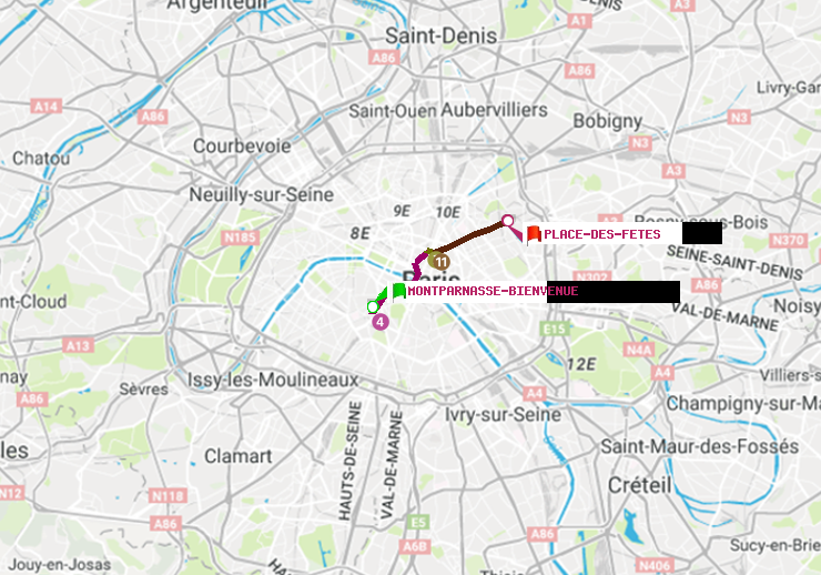 plan itinéraire ratp de Montparnasse-Bienvenue à Place des Fêtes