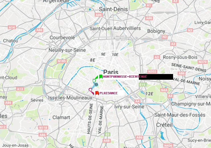 plan itinéraire ratp de Montparnasse-Bienvenue à Plaisance