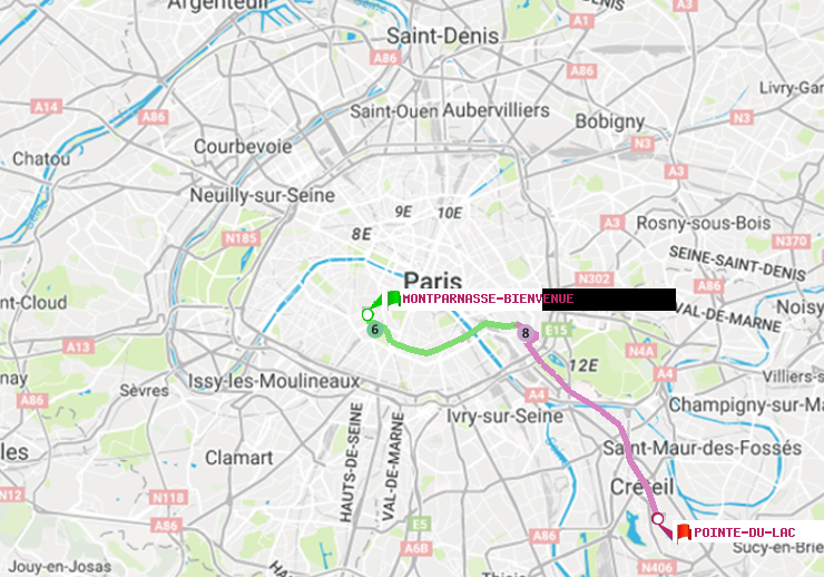plan itinéraire ratp de Montparnasse-Bienvenue à Pointe du Lac