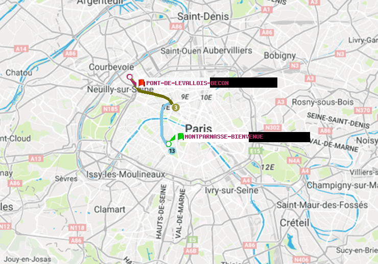 plan itinéraire ratp de Montparnasse-Bienvenue à Pont de Levallois-Bécon