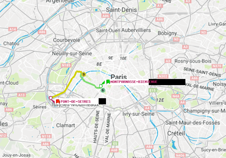 plan itinéraire ratp de Montparnasse-Bienvenue à Pont de Sèvres