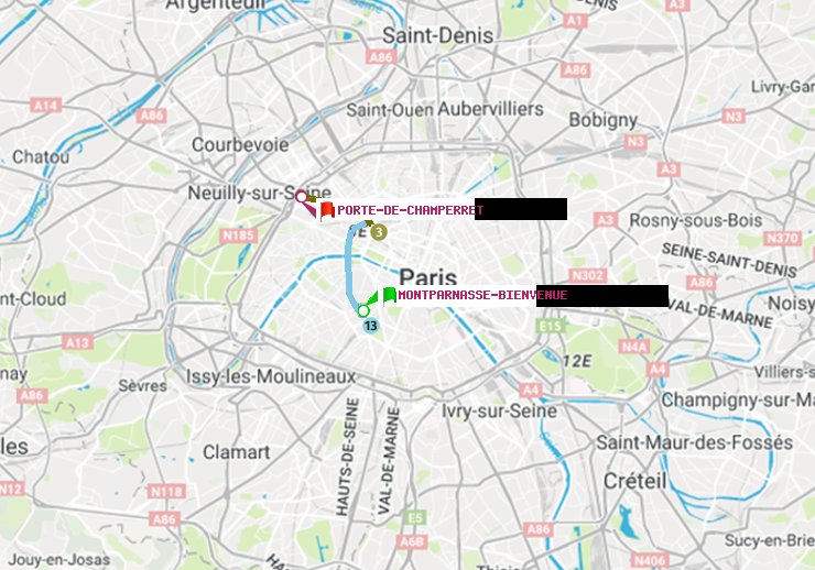 plan itinéraire ratp de Montparnasse-Bienvenue à Porte de Champerret