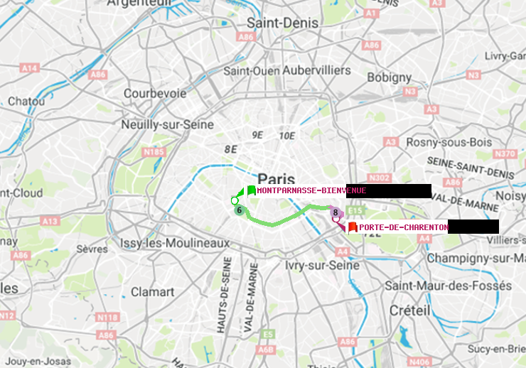 plan itinéraire ratp de Montparnasse-Bienvenue à Porte de Charenton