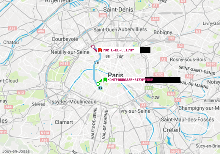 plan itinéraire ratp de Montparnasse-Bienvenue à Porte de Clichy
