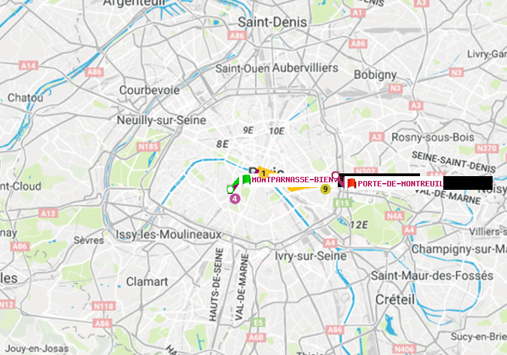 plan itinéraire ratp de Montparnasse-Bienvenue à Porte de Montreuil