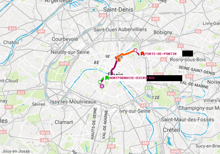 plan itinéraire ratp de Montparnasse-Bienvenue à Porte de Pantin