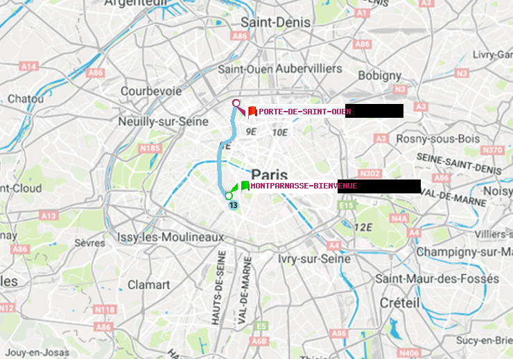 plan itinéraire ratp de Montparnasse-Bienvenue à Porte de Saint-Ouen