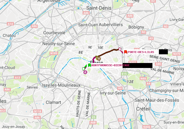 plan itinéraire ratp de Montparnasse-Bienvenue à Porte des Lilas