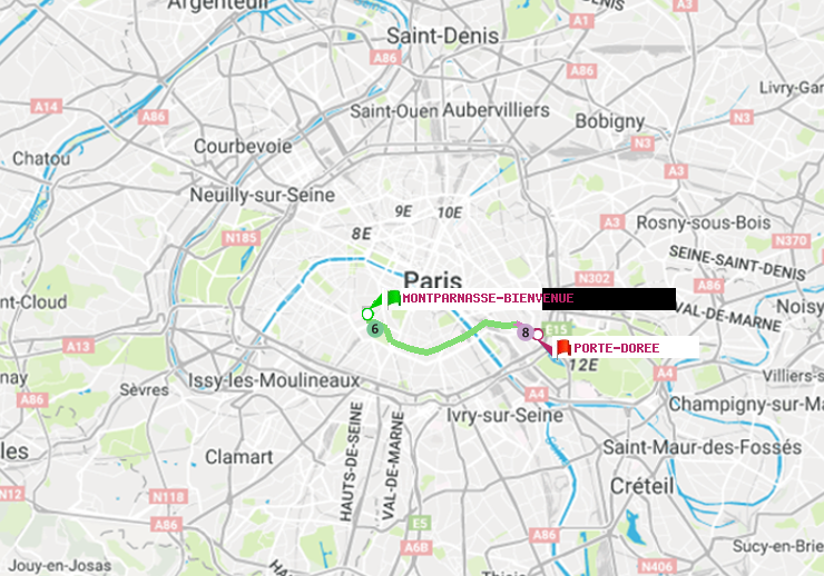 plan itinéraire ratp de Montparnasse-Bienvenue à Porte Dorée