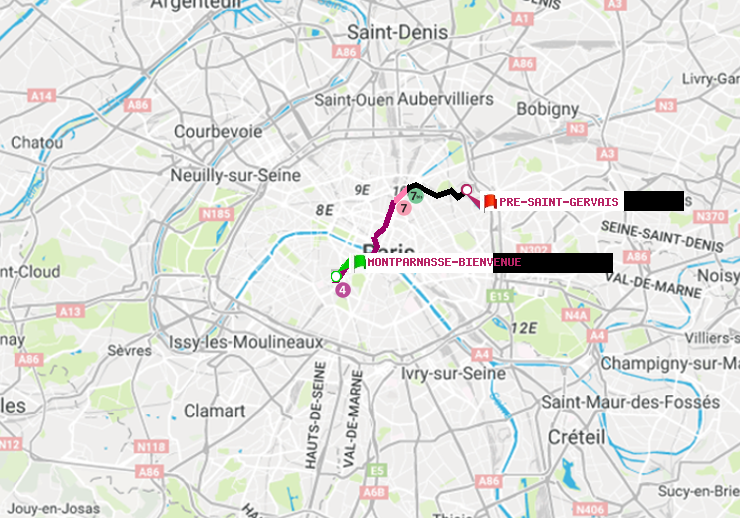 plan itinéraire ratp de Montparnasse-Bienvenue à Pré-Saint-Gervais