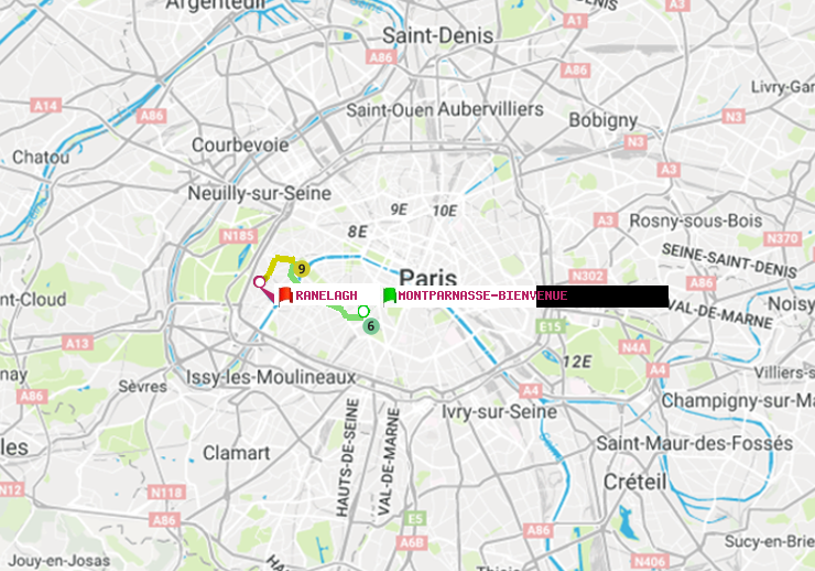 plan itinéraire ratp de Montparnasse-Bienvenue à Ranelagh