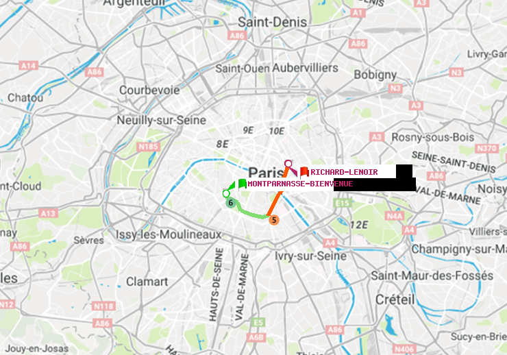 plan itinéraire ratp de Montparnasse-Bienvenue à Richard-Lenoir