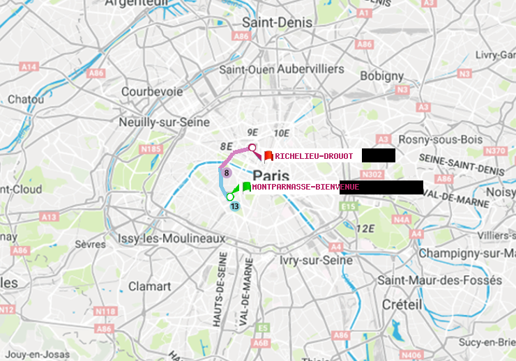plan itinéraire ratp de Montparnasse-Bienvenue à Richelieu-Drouot