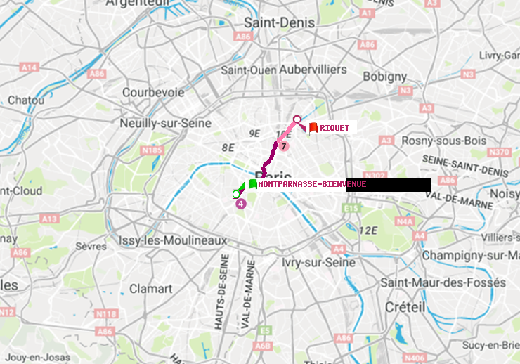 plan itinéraire ratp de Montparnasse-Bienvenue à Riquet