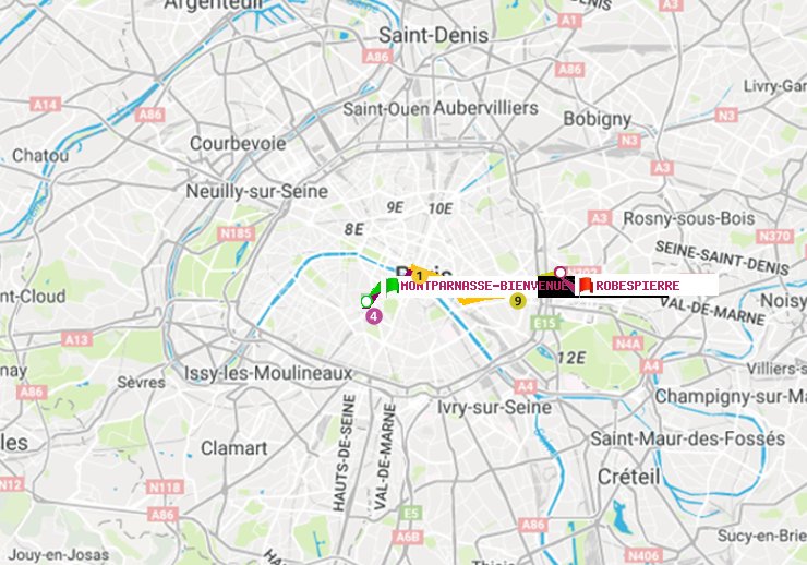 plan itinéraire ratp de Montparnasse-Bienvenue à Robespierre