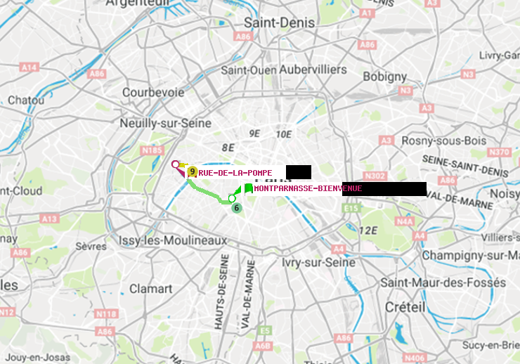 plan itinéraire ratp de Montparnasse-Bienvenue à Rue de la Pompe (Avenue Georges Mandel)