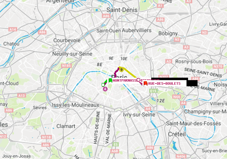 plan itinéraire ratp de Montparnasse-Bienvenue à Rue des Boulets