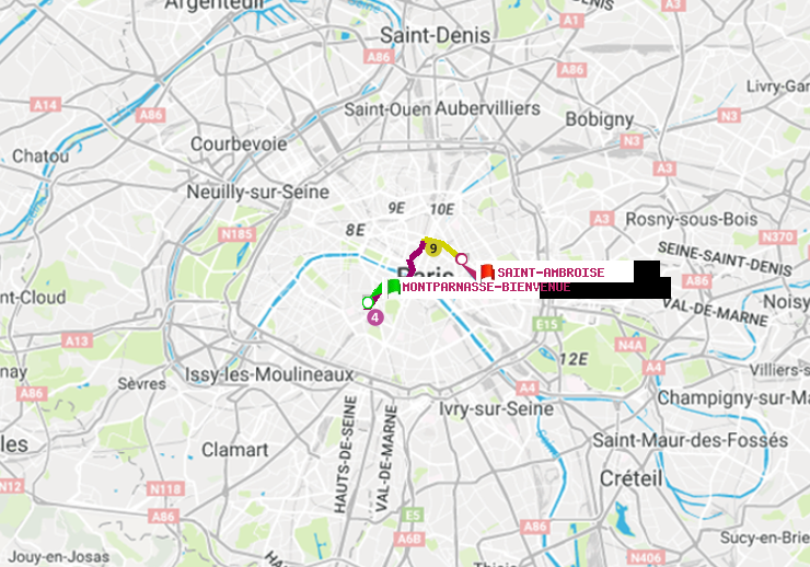 plan itinéraire ratp de Montparnasse-Bienvenue à Saint-Ambroise