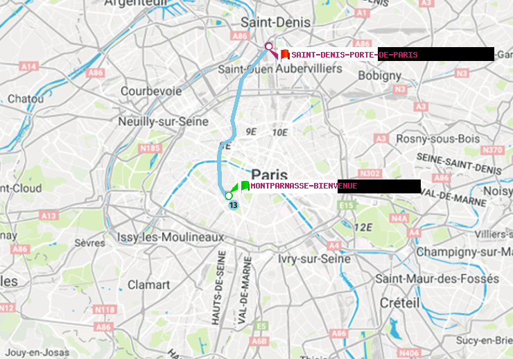 plan itinéraire ratp de Montparnasse-Bienvenue à Saint-Denis-Porte de Paris