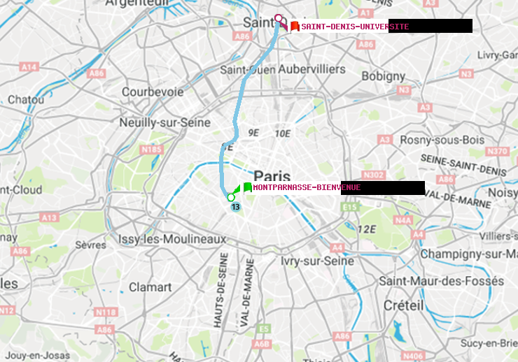plan itinéraire ratp de Montparnasse-Bienvenue à Saint-Denis-Universite