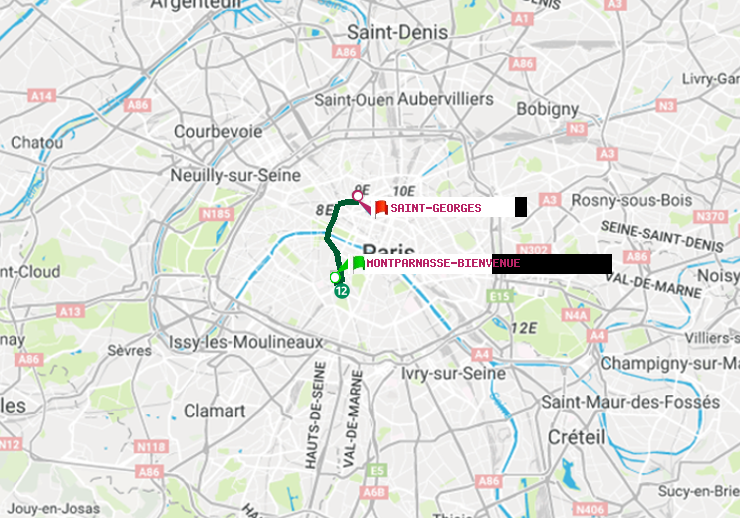 plan itinéraire ratp de Montparnasse-Bienvenue à Saint-Georges