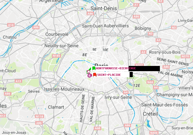 plan itinéraire ratp de Montparnasse-Bienvenue à Saint-Placide