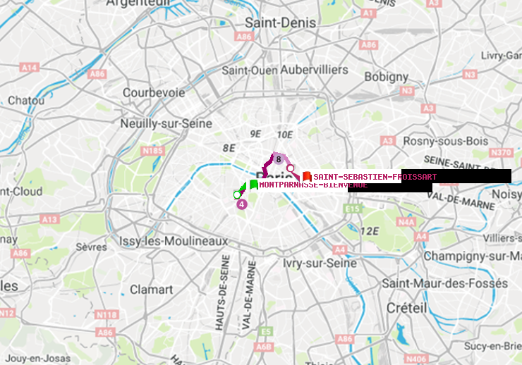 plan itinéraire ratp de Montparnasse-Bienvenue à Saint-Sébastien-Froissart