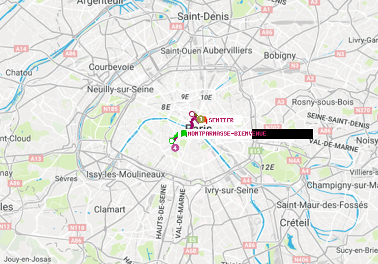 plan itinéraire ratp de Montparnasse-Bienvenue à Sentier