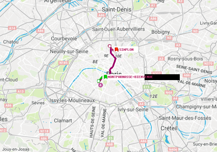 plan itinéraire ratp de Montparnasse-Bienvenue à Simplon
