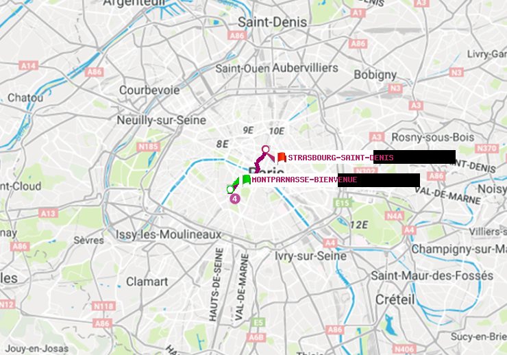 plan itinéraire ratp de Montparnasse-Bienvenue à Strasbourg-Saint-Denis