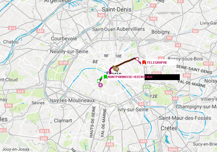 plan itinéraire ratp de Montparnasse-Bienvenue à Telegraphe