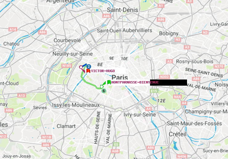 plan itinéraire ratp de Montparnasse-Bienvenue à Victor Hugo