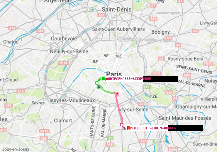 plan itinéraire ratp de Montparnasse-Bienvenue à Villejuif-Louis Aragon