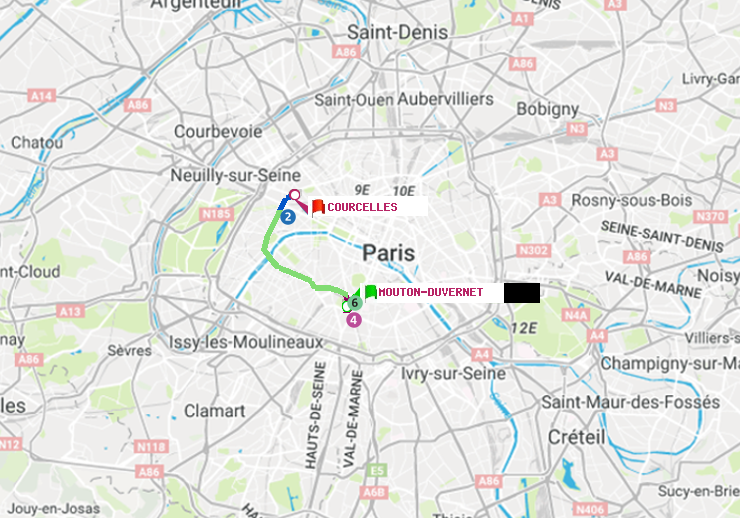 plan itinéraire ratp de Mouton-Duvernet à Courcelles