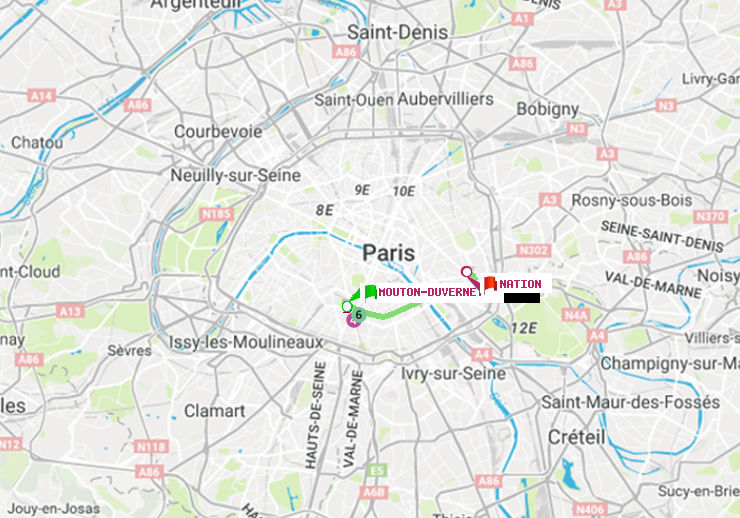 plan itinéraire ratp de Mouton-Duvernet à Nation