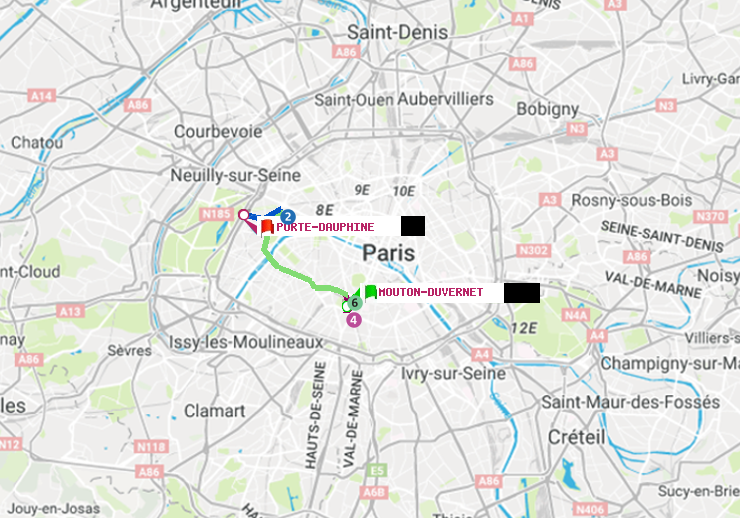 plan itinéraire ratp de Mouton-Duvernet à Porte Dauphine (Maréchal de Lattre de Tassigny)