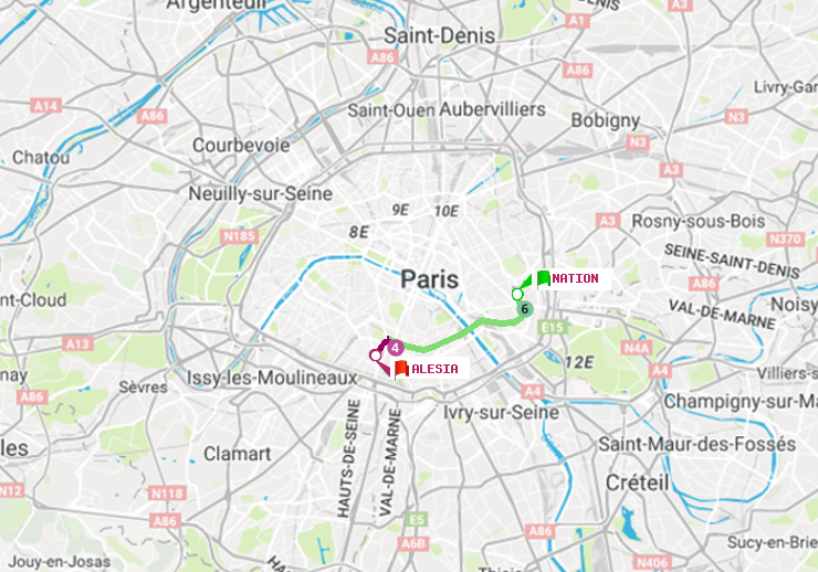 plan itinéraire ratp de Nation à Alésia