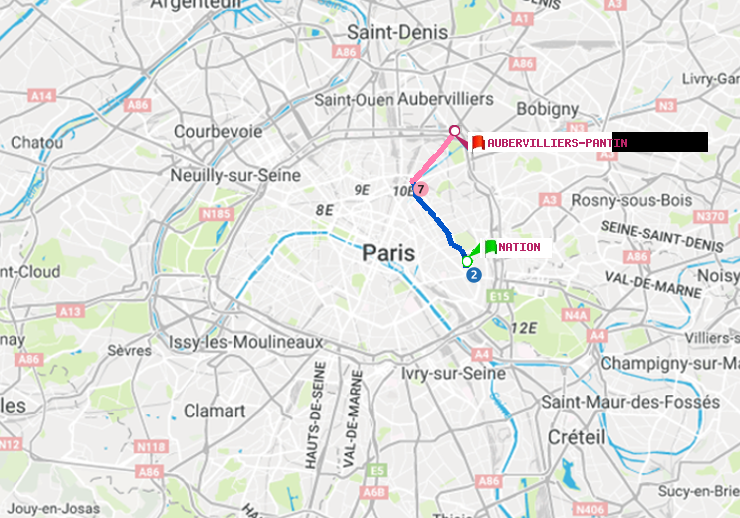 plan itinéraire ratp de Nation à Aubervilliers Pantin (4 Chemins)