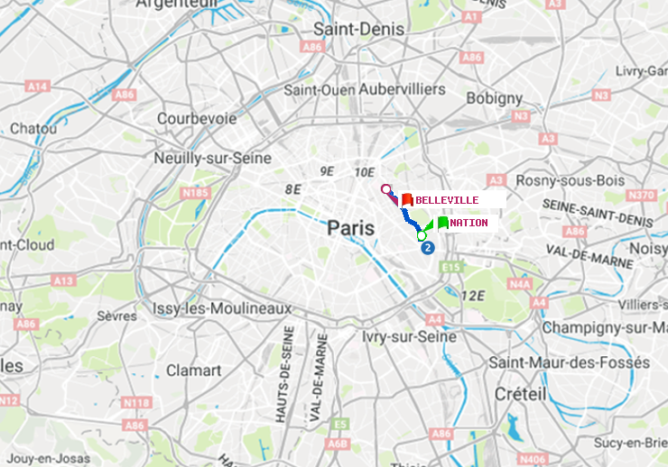 plan itinéraire ratp de Nation à Belleville