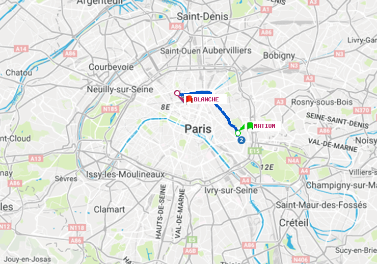 plan itinéraire ratp de Nation à Blanche