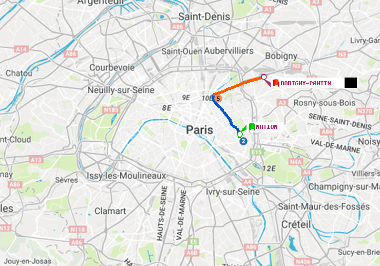 plan itinéraire ratp de Nation à Bobigny-Pantin (Raymond Queneau)