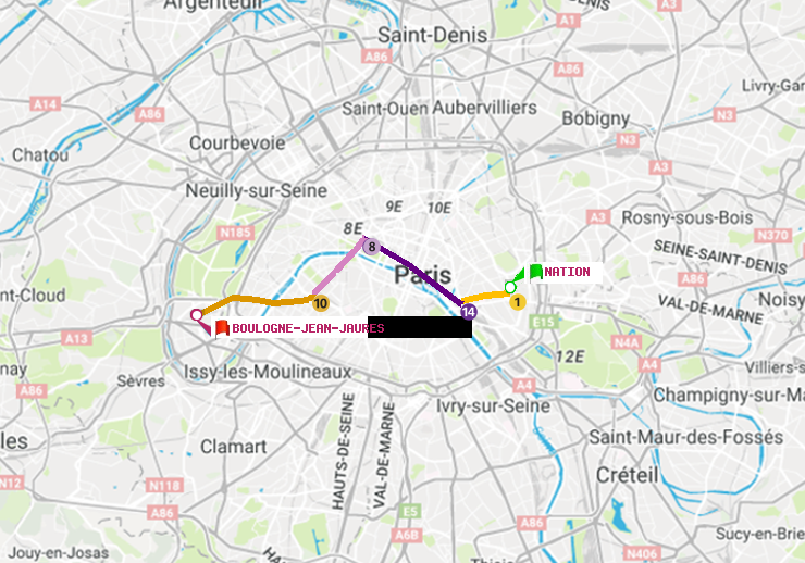 plan itinéraire ratp de Nation à Boulogne-Jean-Jaurès