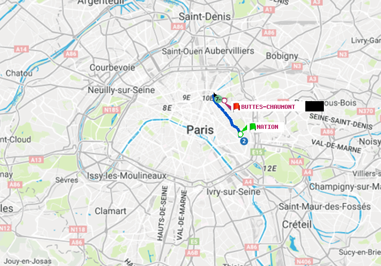 plan itinéraire ratp de Nation à Buttes-Chaumont