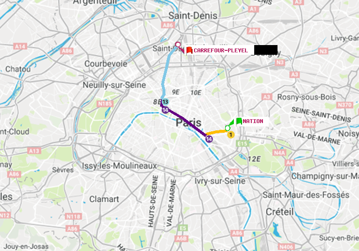 plan itinéraire ratp de Nation à Carrefour-Pleyel