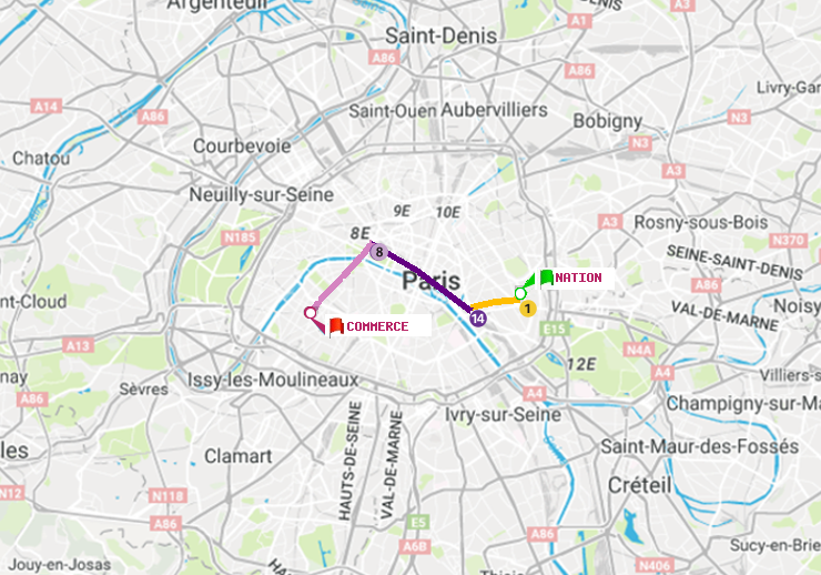 plan itinéraire ratp de Nation à Commerce