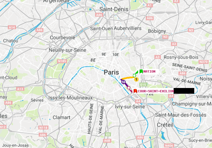 plan itinéraire ratp de Nation à Cour Saint-Emilion