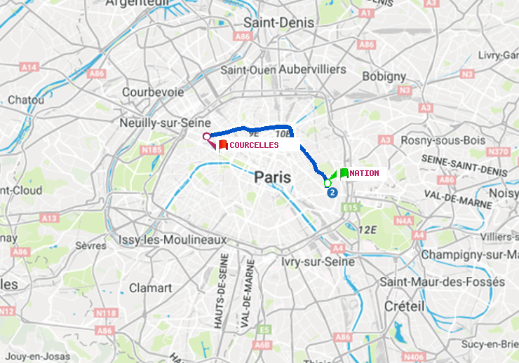 plan itinéraire ratp de Nation à Courcelles