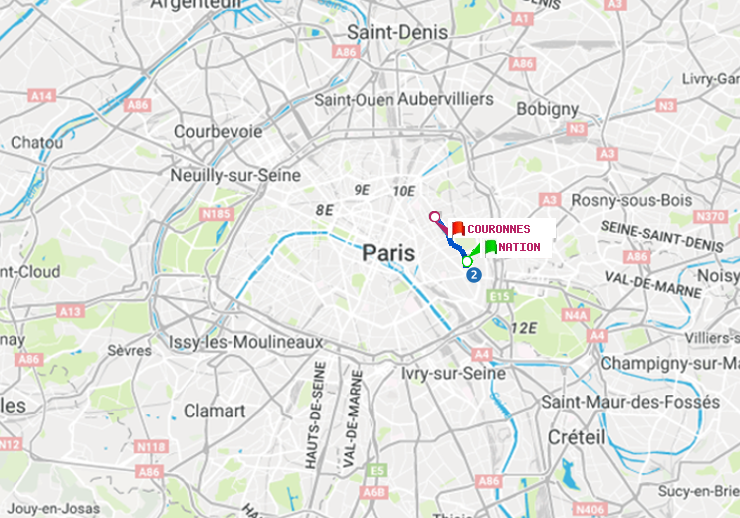 plan itinéraire ratp de Nation à Couronnes