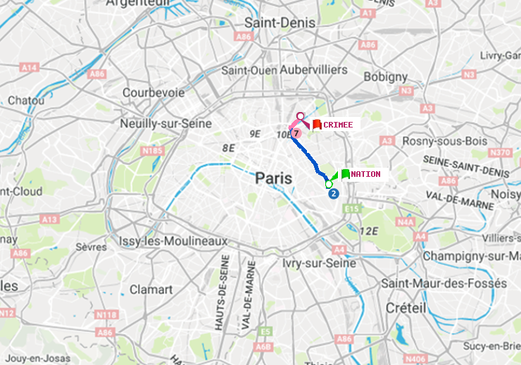 plan itinéraire ratp de Nation à Crimée